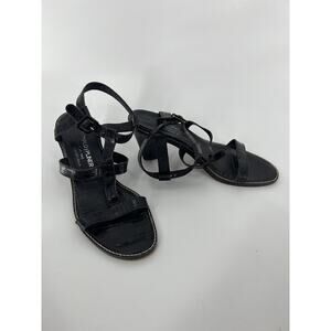 Donald J Pliner Heeled Sandals Womens 8 Black Leather T Strap Buckle Open Toe